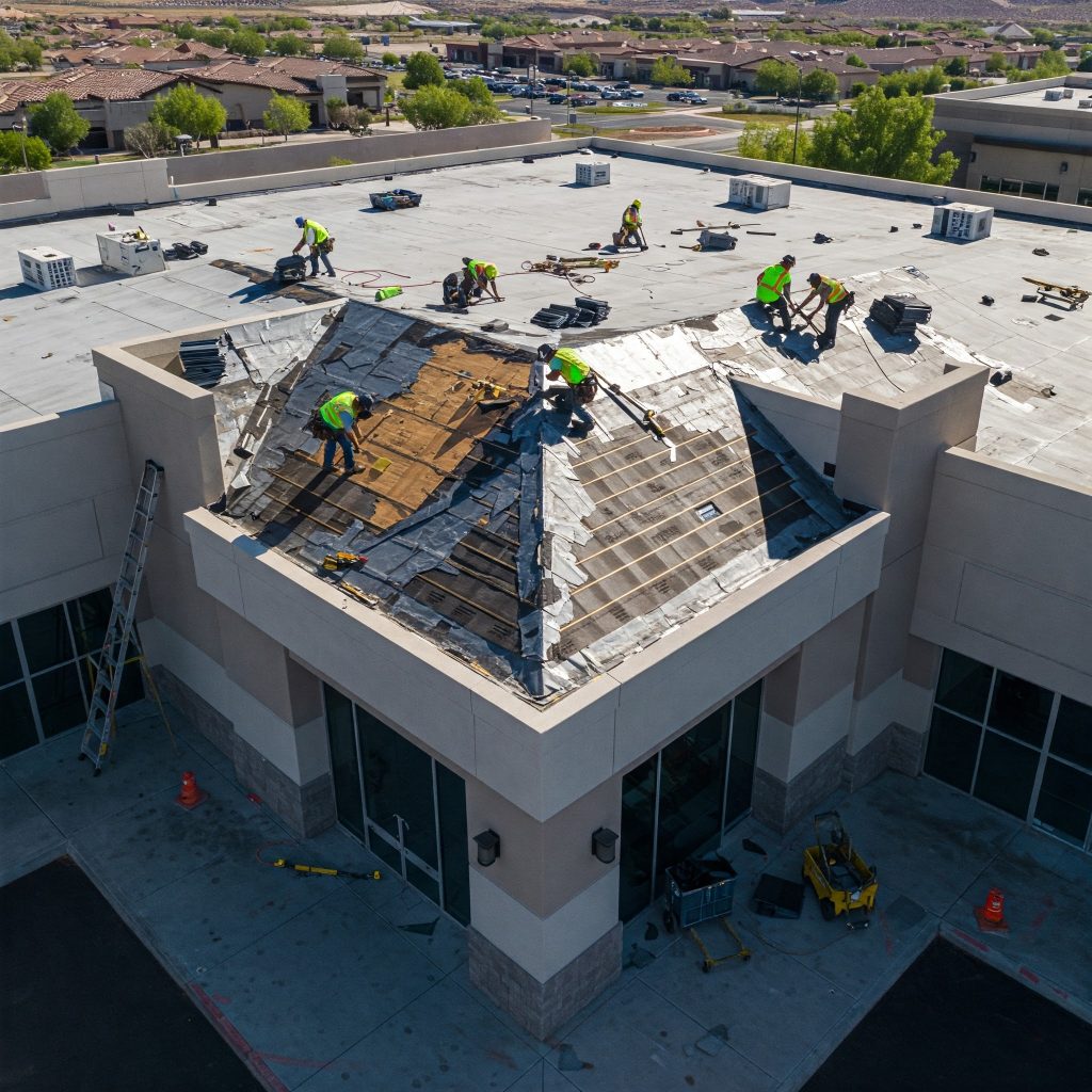 Aerial view of a commercial building roof