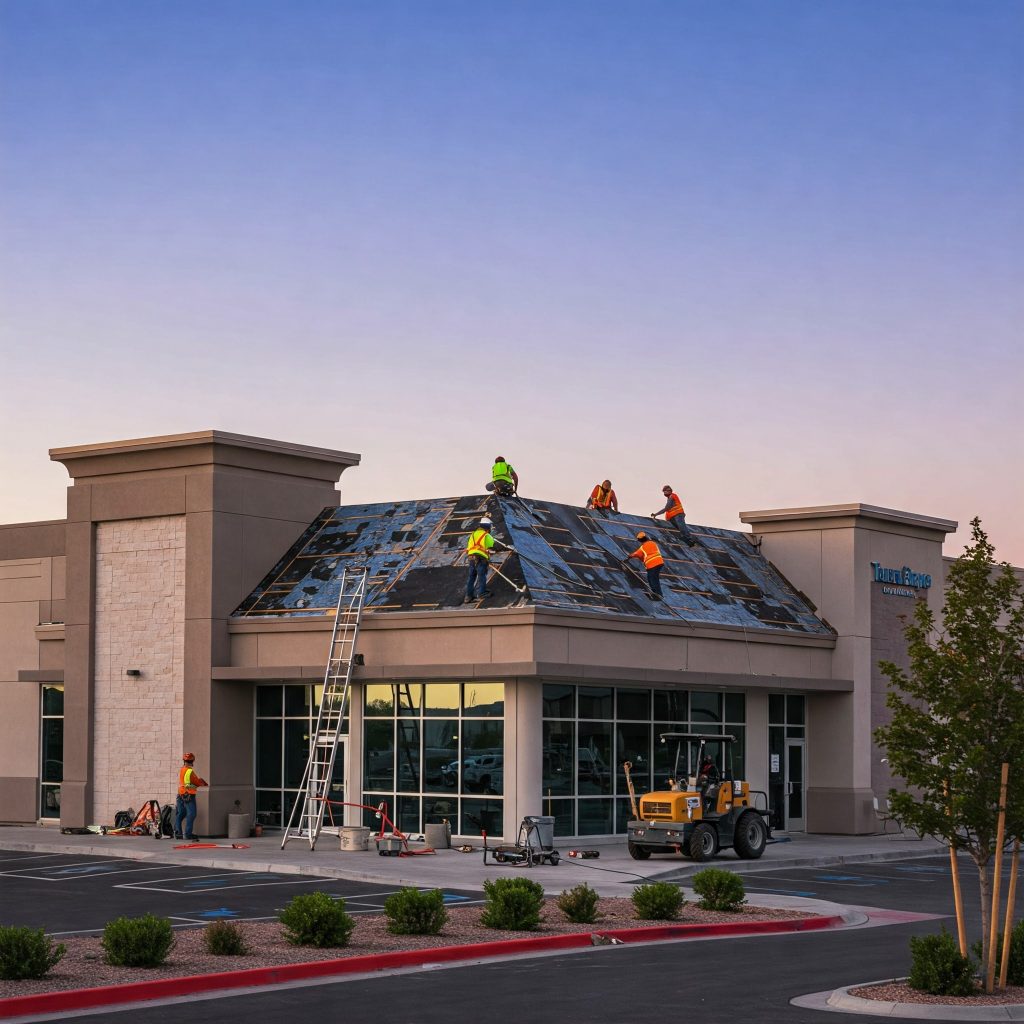Commercial roofing company team on a retail roof