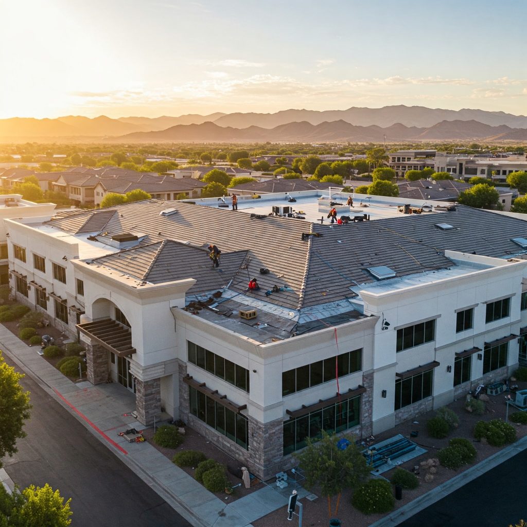 Aerial view of a commercial building roof
