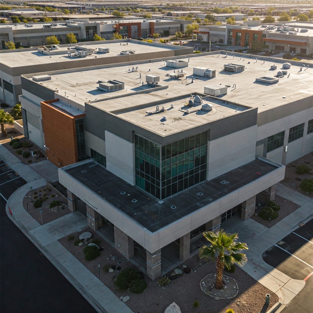 Aerial view of a commercial building roof