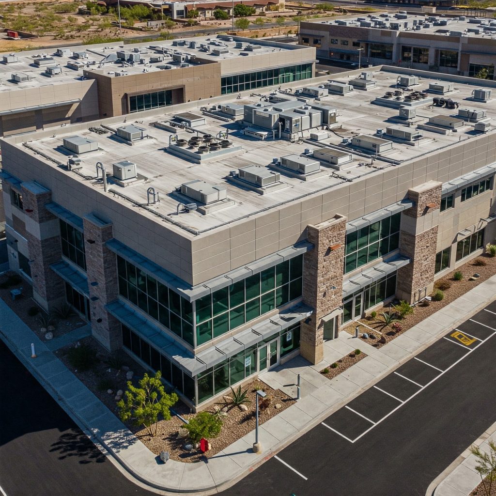 Commercial roof maintenance seen from above