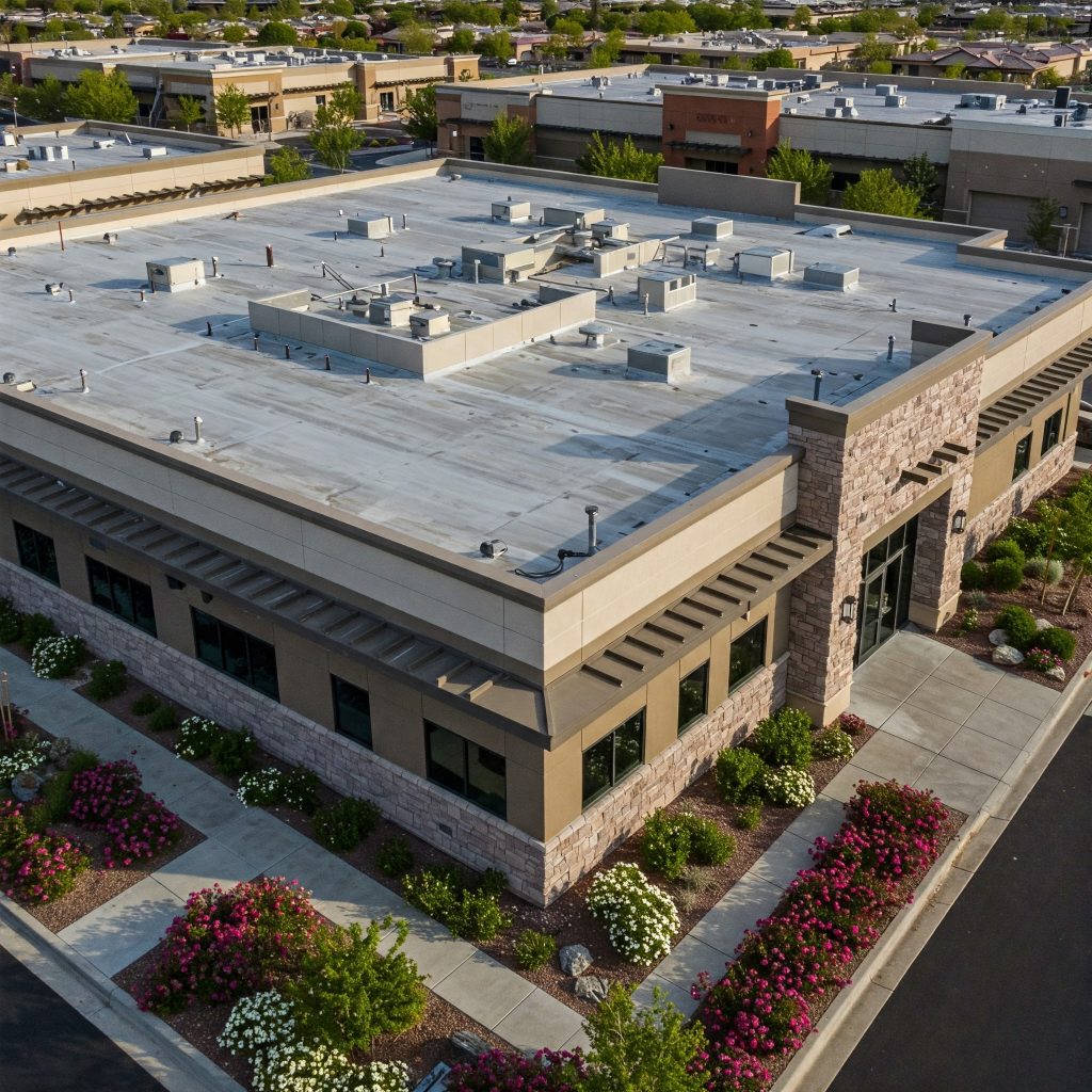Aerial view of an aging commercial roof