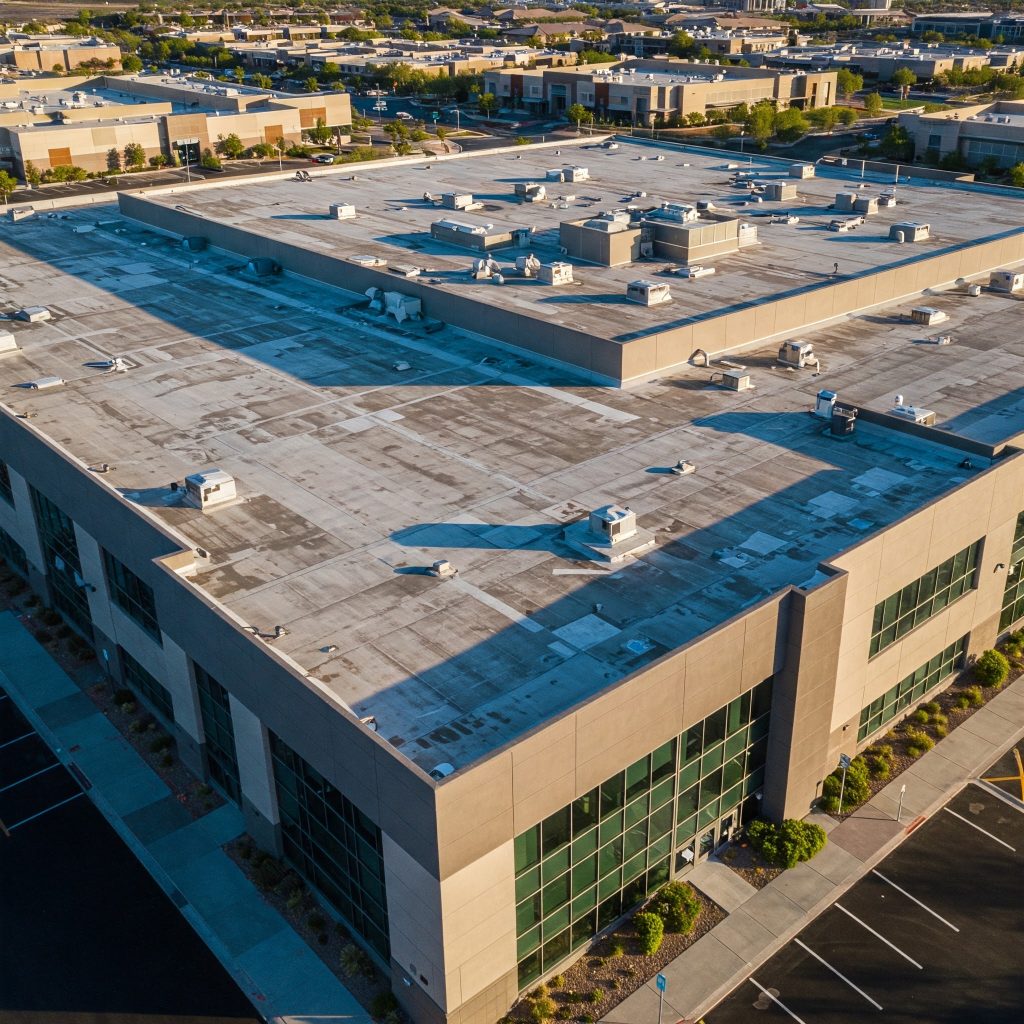 Aerial view of a commercial building roof