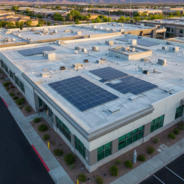 Commercial roof with solar panels and rooftop units
