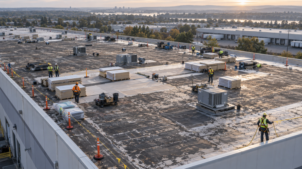 Commercial roof maintenance on a membrane roof