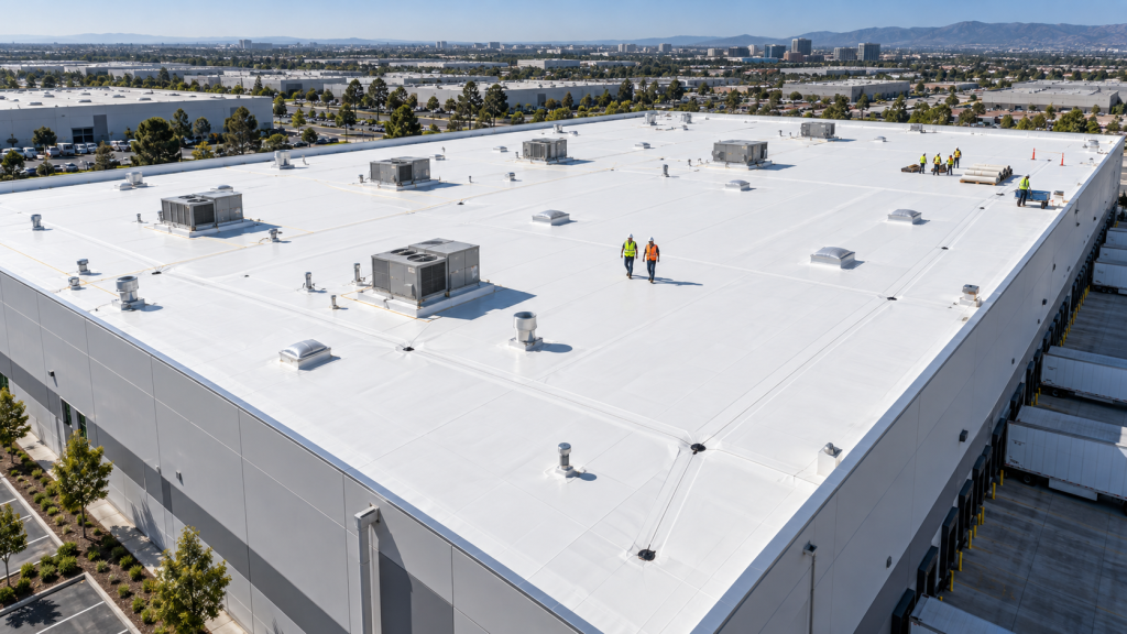 TPO roof repair finished on a bright white roof