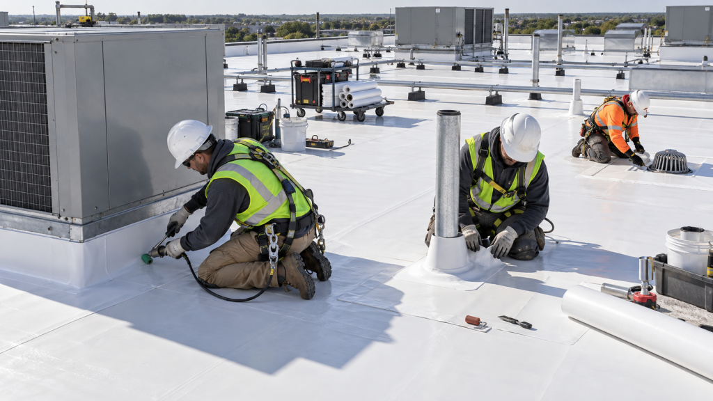 Roof replacement estimate items like new membrane and flashing