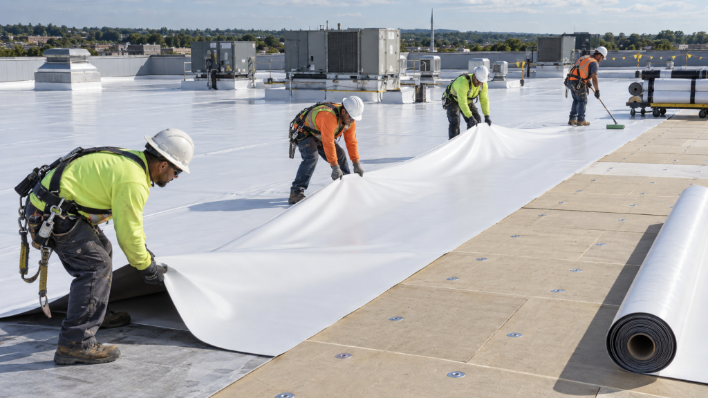 Crew installing white TPO roofing on a commercial building