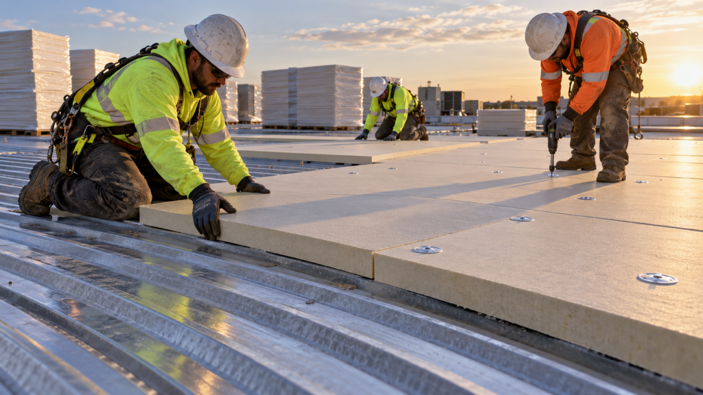Roofers working on a commercial flat roof