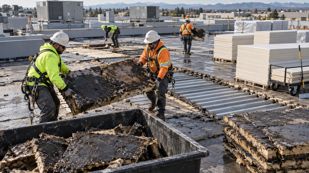 Commercial roof replacement tear-off in progress