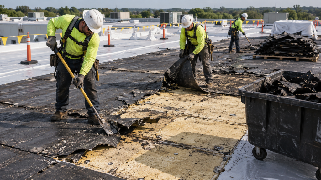 Crew removing damaged roofing layers