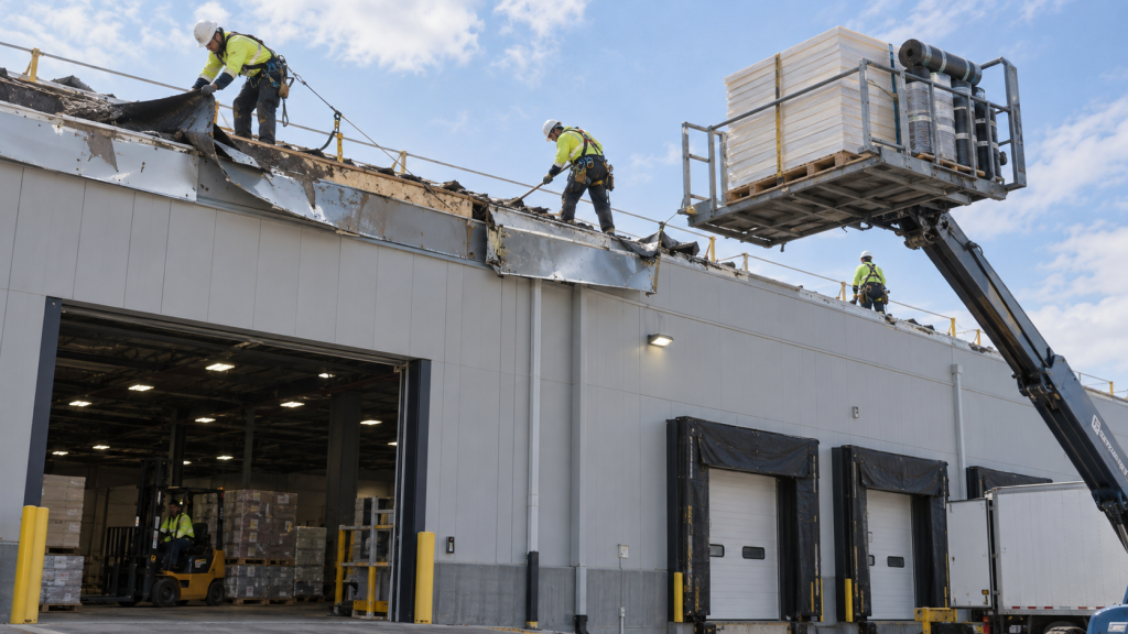 Commercial roofing company crew working above an open business